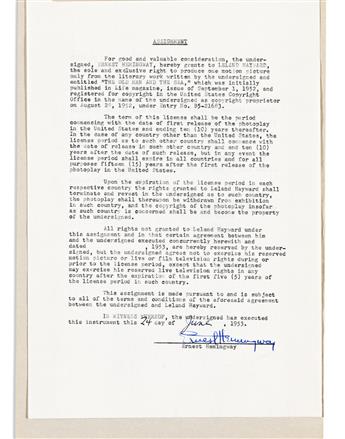 HEMINGWAY, ERNEST. Group of three Typed Documents Signed, each an agreement concerning film rights to The Old Man and the Sea.